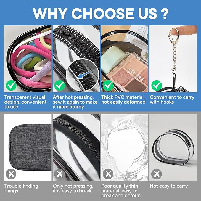 XEWEA Small Clear Toiletry Makeup Bag Portable Waterproof, 3PCS TSA Approved Cosmetic Case with Zipper, Electronics Organizer Cable Charger Pouch, Travel Essentials, Accessories Bag Purse