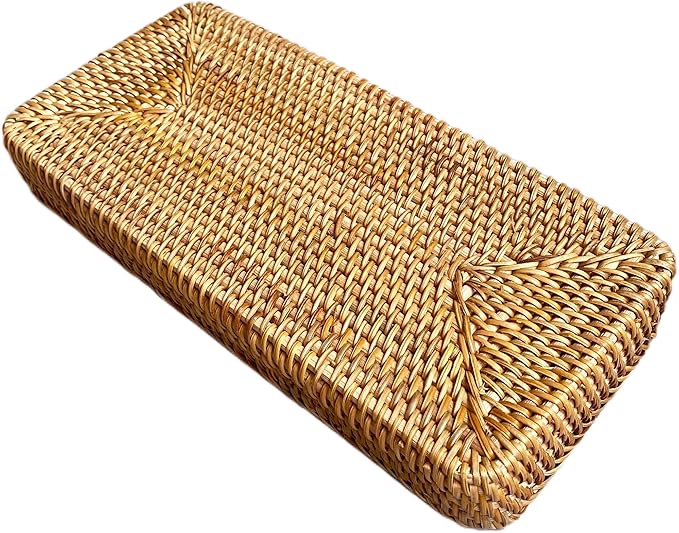 i-lan 14-Inch Rattan Bathroom Tray Organizer – Long Narrow Wicker Basket for Toilet Tank, Hand Towel Storage & Countertop, Boho Serving Tray for Bread, Vanity or Home Decor
