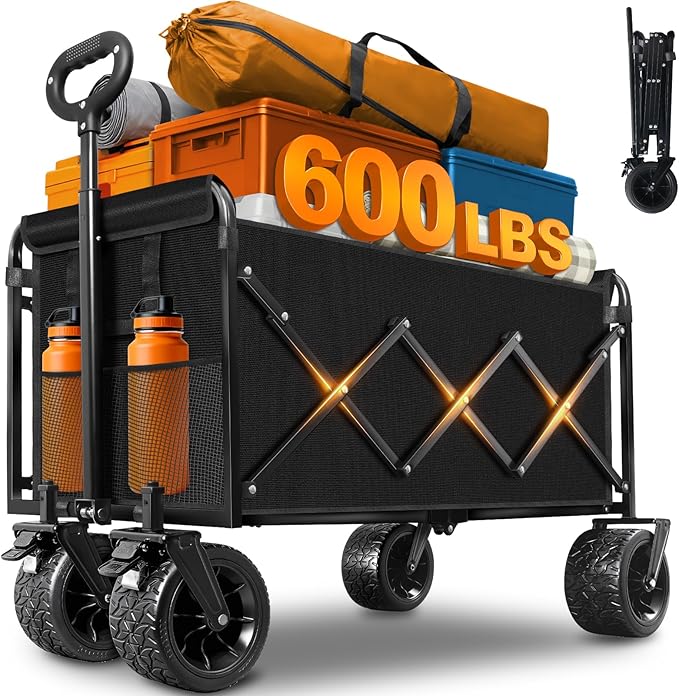 Extra-Large Heavy-Duty Wagons carts Foldable with 600-lbs Capacity & Giant 4" All-Terrain Tank Wheels – Ideal for Beach, Camping, Grocery Hauling and Outdoor Adventures