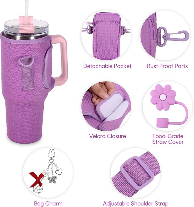&And Per Se Water Bottle Shoulder Bag for Women, Neoprene Carrier with Phone Pocket & Purple Charm, Adjustable Crossbody Strap Fits Stanley 40oz Tumblers, Gift for Her (Purple)