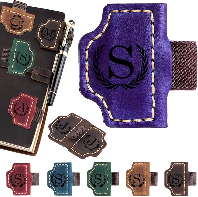 Artlaza Personalized Magnetic Leather Bookmark with Pen Holder - 26 Letters Custom Book Mark with Name Initial Engraved Book Marker for Readers, Book Lovers, Travelers - Gift for Women & Men(Purple，S