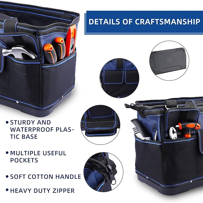 Tool Bag 16'', Multi-pocket Tool Organizer with Waterproof Plastic Base, Heavy Duty Tote with Shoulder Strap for Tool Storage, Black & Blue