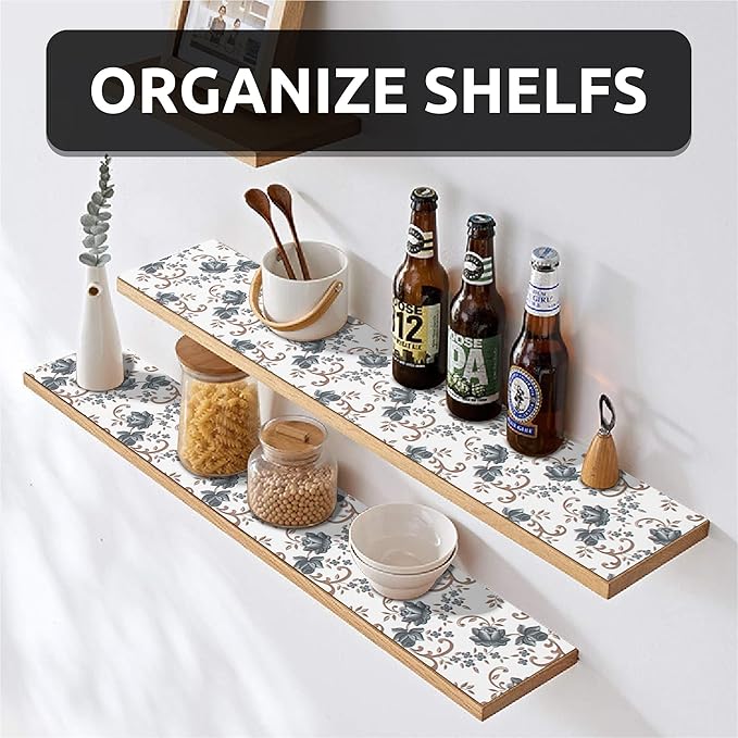 FIFTY FEET 18X96 Inch Shelf Liner for Kitchen Cabinets, PVC Drawer Liner for Dresser Non-Slip Bathroom, Non-Adhesive Cabinet Liner Washable (Black Floral)(6 Roll)