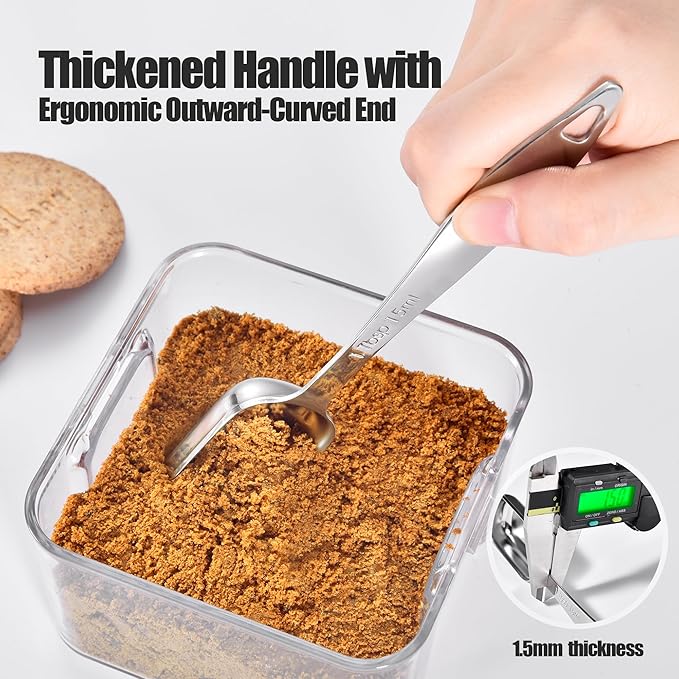 18/8 Stainless Steel Measuring Spoons: Doosu Heavy Duty Rectangular Spoon Square Teaspoon Tablespoon Scoop with Slim Long Handle in Narrow Spice Jar for Kitchen Baking Cooking (Set of 6 with Leveler)