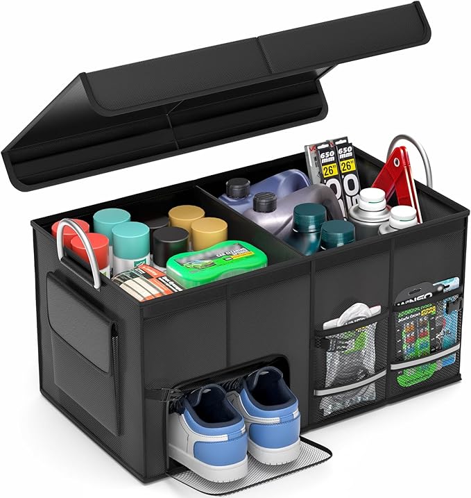 SUV Car Trunk Organizer with Lid 56L, Collapsible Golf Trunk Organizer, Multi-Compartment Car Caddy Organizer, Heavy-Duty Grocery Organizer for Car, Storage Bin Cargo Box for SUV Cargo Van Accessories