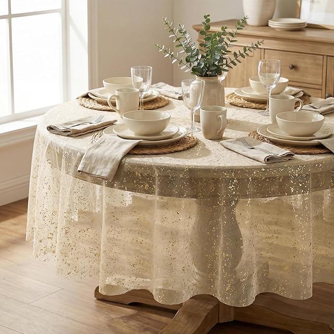Horaldaily Beige Gold Gauze Tablecloth 60x60 Inch Round, Golden Sequin Glitter Metallic Foil, Sheer Tulle Cheesecloth for Wedding Baby Shower Ceremony Birthday