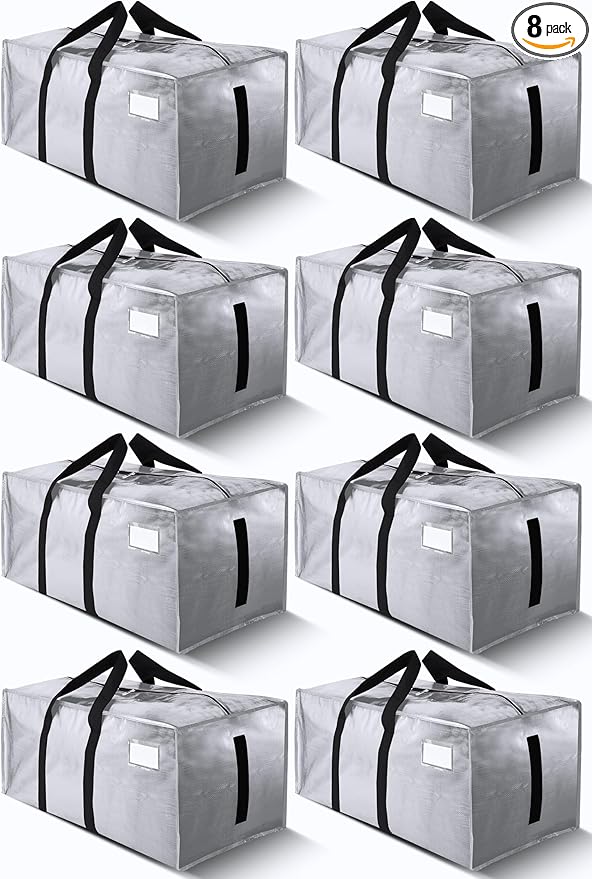 HOMESURE Supports 200lbs Heavy Duty Moving Bags - Strong Zipper & Wrap-Around Handles - Water-Resistant Storage Totes, Durable Alternative to Moving Boxes - 8 Pack - Silver