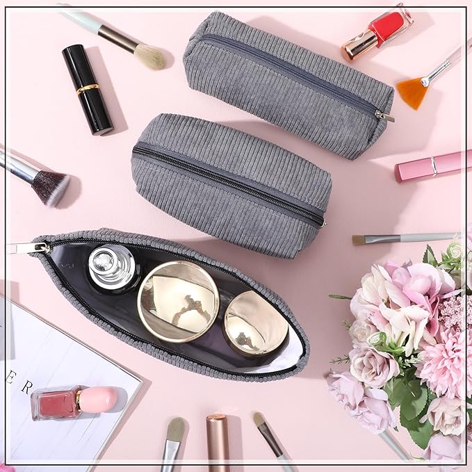 3 Pcs Makeup Bag Set for Women Corduroy Cosmetic Pouch Aesthetic Smile Travel Toiletry Bag Cute Purse Pouch Pencil Case Makeup Brushes Storage Organizer for Christmas(Gray,Solid Style)