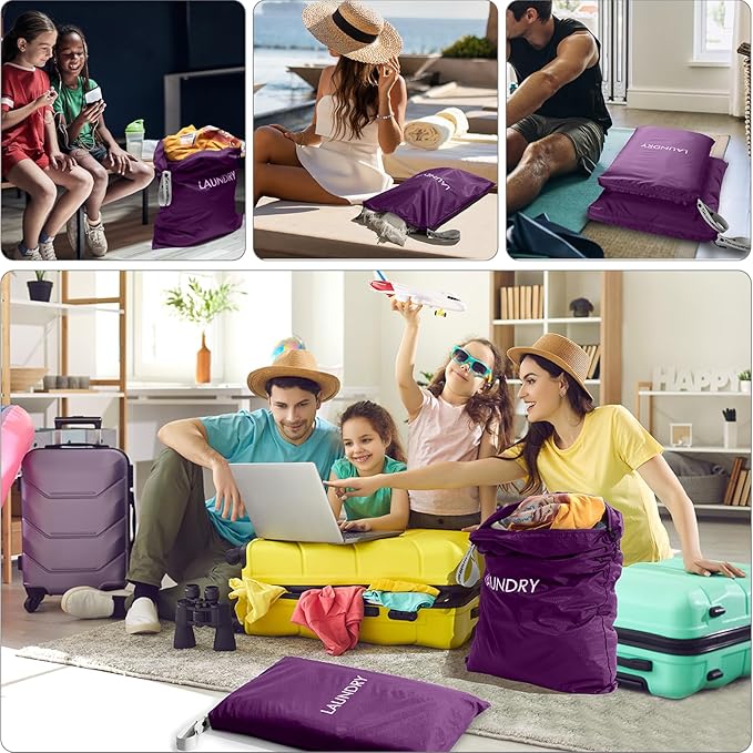 Travel Laundry Bag (2 Pcs - Large + Medium) - Foldable Waterproof Washable Wet Dry Bag for Gym, Swimming, Yoga, and Workout Perfect for Dirty Clothes, Bathing Suits, Travel Accessories (Purple)