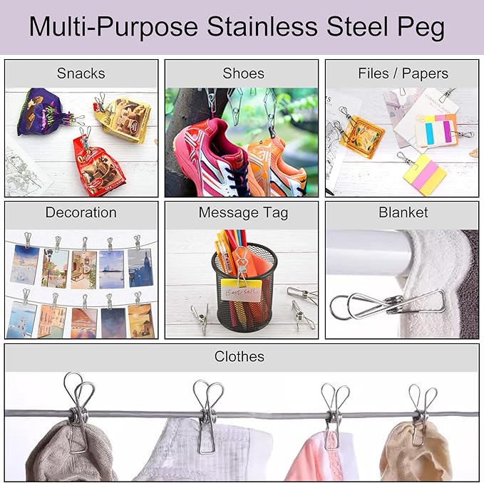 50 Pcs Clothespins Laundry Chip Clips - Durable Stainless Steel Clothes Pins,Heavy Duty Clamp Metal Wire Clothes Pegs with One Storage Bag & 2 Hooks,for Outdoor Clothesline Home Kitchen Office