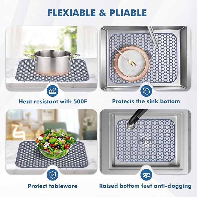 Silicone Sink Protector for Kitchen Sink - 16.65''x12.2'' Kitchen Grid Accessory, Non-slip Heat Resistant Grid Dry Mat for Bottom of Porcelain Stainless Steel, Dishwasher Safe