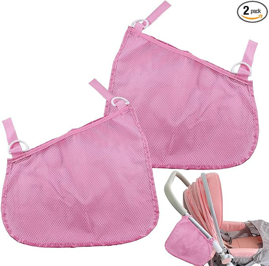 2PCS Universal Side Sling Stroller Cargo Net,Portable Storage Mesh Bag,Stroller Storage Organizer Bag,Non-Slip and Adjustable Straps Side Sling Mesh Organizer(Pink)