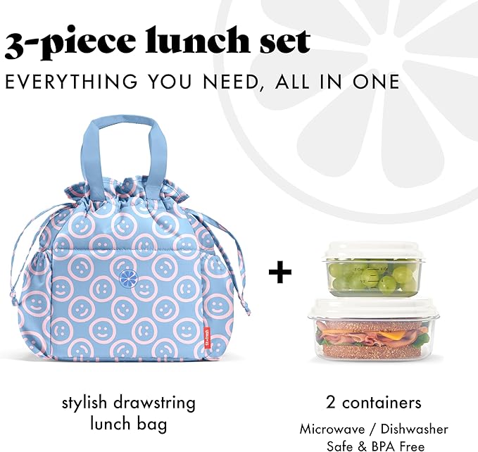 Fit & Fresh Cromwell Drawstring Lunch Bag for Women, Complete Lunch Set with 2 Containers, Stain-Resistant, Leak-Resistant, Back to School Essential, Teacher Lunchbox, All Smiles Bubble Gum