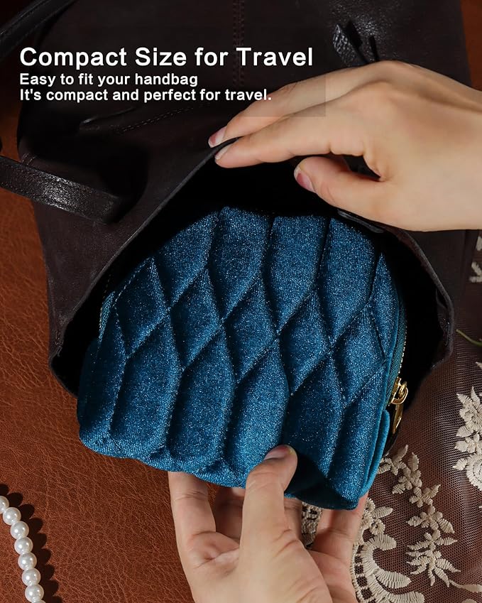 Small Travel Jewelry Case, Mini Travel Jewelry Bag with Zipper, 5-Layer Velvet Organizer Pouch for Bracelet Rings Earrings - Diamond Stitched Velvet Teal Blue