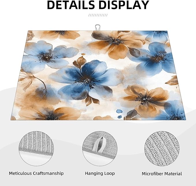 Watercolor Flowers Dish Drying Mat for Kitchen Counter Microfiber Super Absorbent Non-Slip Dish Drying Pad for Countertops Dishes Utensils Stylish Quick-Dry Machine Washable 18x24 Inch