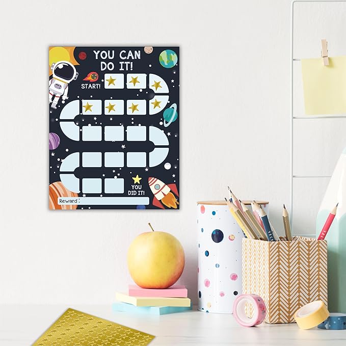 10 Reward Chart with 206 Golden Star Stickers-Outer Space Theme- Chore Chart, Incentive Chart,Positive Behavior Reward Chart for Kids,Toddler Homework Assignments, Attendance(8"X10")-A01
