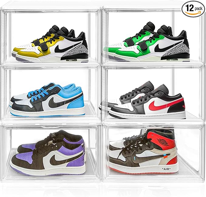 12 Pack Clear Sneaker Boxes Stackable Shoe Box Size 12.5, Acrylic Shoe Storage Organizer Transparent Storage Bins with Magnetic Acrylic Door for Closet, Sneaker Display, Cosmetic, Figure