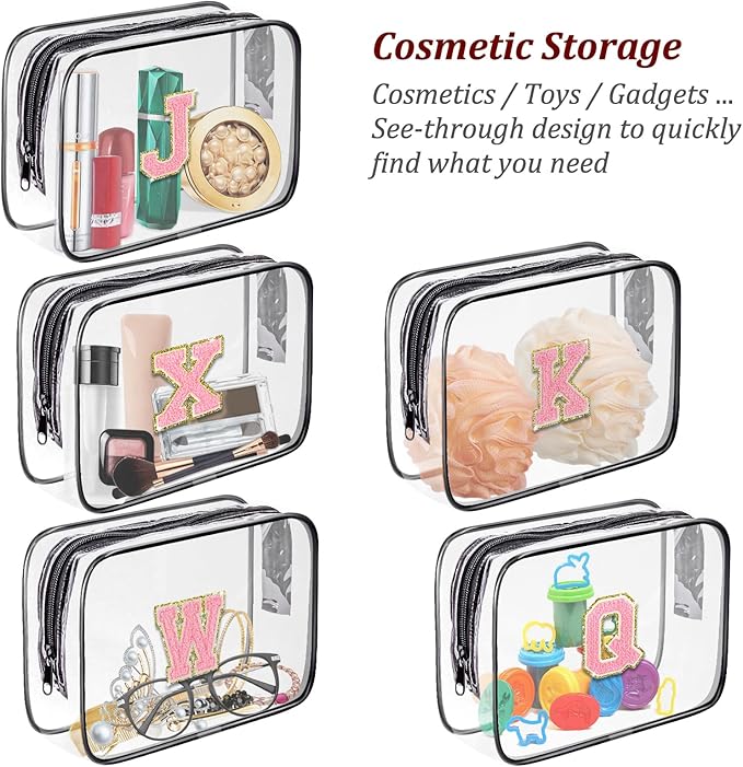 Clear Toiletry Bag,Portable Travel Toiletry Bag,Chenille Letter Cosmetic Bag with Zipper,Waterproof Makeup Bag,Cosmetic Storage Organizer for Women Men,Travel Essentials (Black,A)