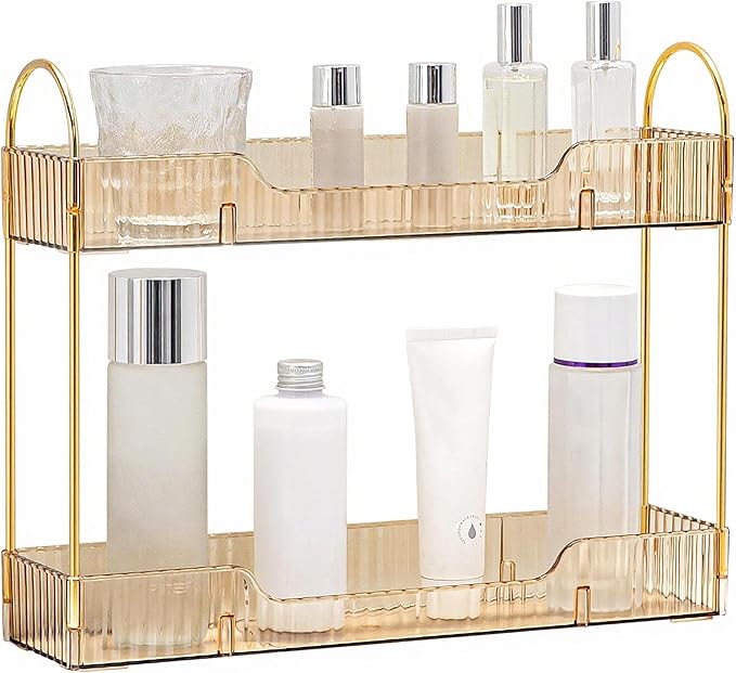 Bathroom Countertop Organizer, 2-Tier Slim Vanity Storage Rack for Bathroom Sink, Narrow Counter Organizer for Toiletries Skincare Perfume with Gold Plastic Trays, Gold