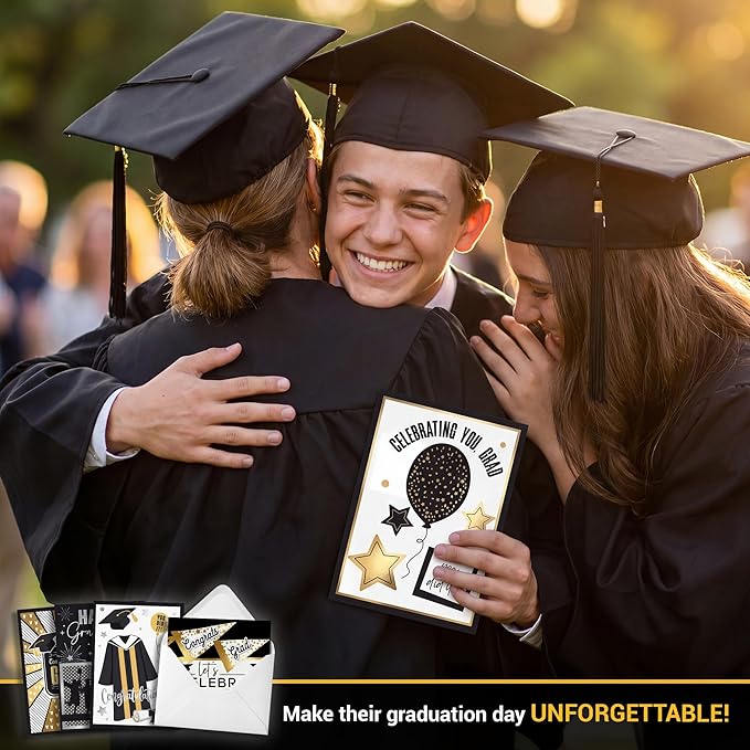 AUDREE Gold Foil Graduation Cards 2026 (5x7) - 12 Pack Grad Design with Envelopes & Stickers Bulk Assortment for College & High School, Congrats Grad Gifts Decorations for Him Her (Printed Messages)