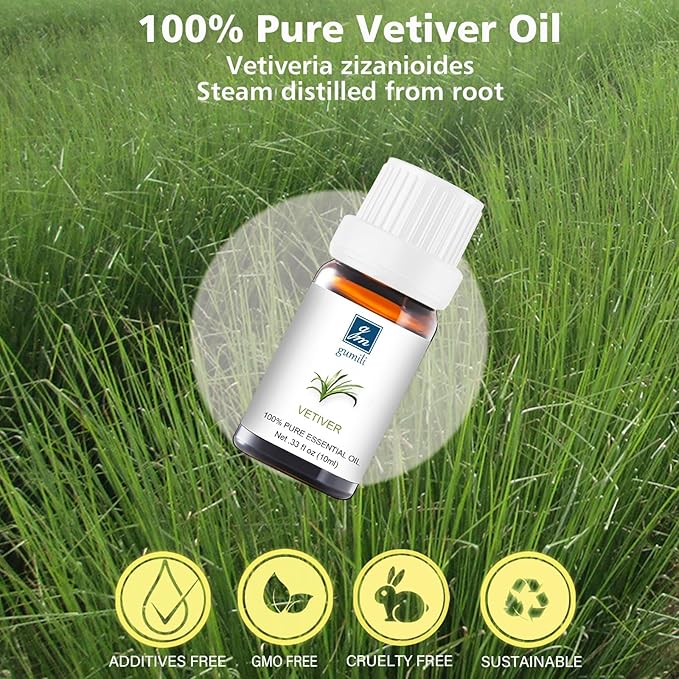 Vetiver Essential Oil - Pure Organic Essential Oil for Diffuser, Spray, Skin, Hair, Massage, DIY Candles & Soap - 10mL
