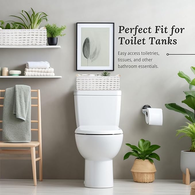 DECOMOMO White Wicker Baskets, Back of Toilet Basket, Bathroom Basket Organizer, Countertop, Home Decor (White, Set of 2)