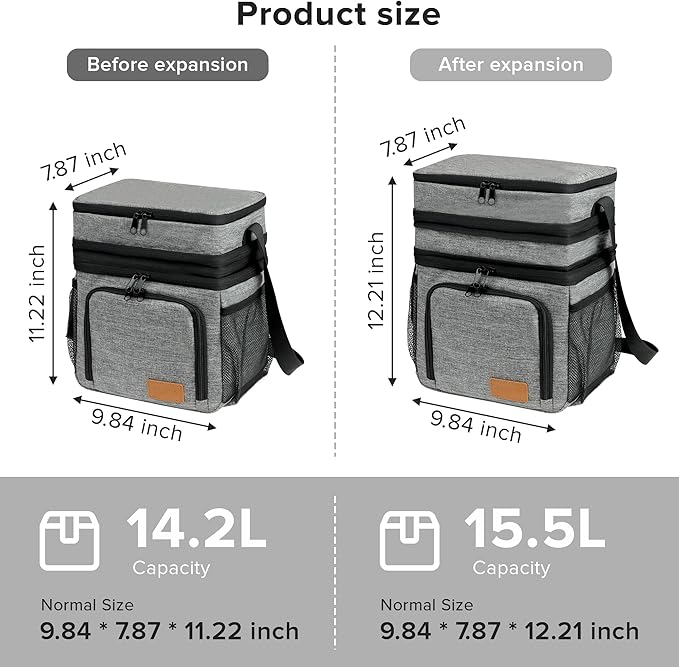 Insulated Lunch Bag for Women Men, Reusable 3 Layers Lunch Box Women, Expandable Reusable Water-resistant Lunch Box for Work Travel Office Picnic Hiking
