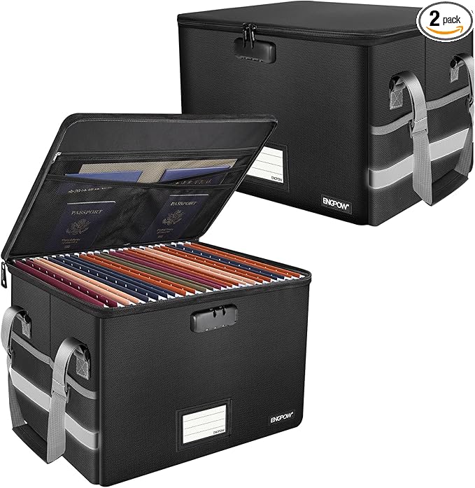ENGPOW File Box with Lock, Fireproof Document Box with Pockets, Collapsible File Organizer Filing Storage Cabinet with Handle, Portable Home Office Safe for Hanging Letter/Legal Folders, Black, 2 Pack