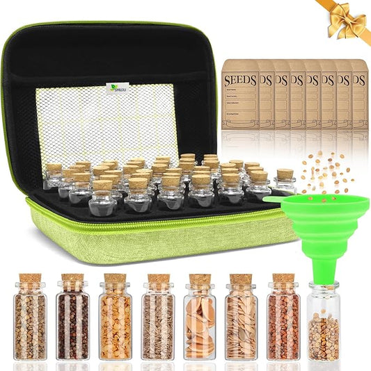 40 Slots Seed Storage Organizer with 20 Seed Envelopes, Sturdy Organizer Storage Box with Label Stickers, Glass Container for Flower Vegetable Garden Seed Saving (Seeds not Included)