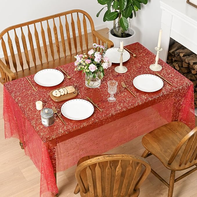 Horaldaily Red Gold Gauze Tablecloth 60x120 Inch Rectangular, Red Sequin Glitter Metallic Foil, Sheer Tulle Cheesecloth for Wedding Baby Shower Ceremony Birthday