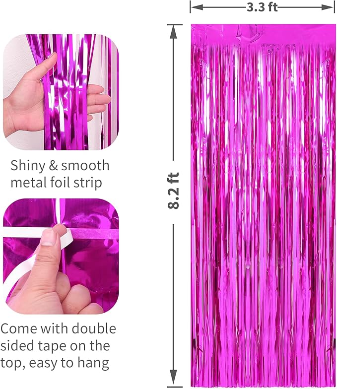 4 Pack Hot Pink Foil Fringe Curtains Door Streamers Party Decorations 3.3 x 8.2 ft, Tinsel Curtain Fringe Backdrop for Parties, Door Fringe Birthday Streamers, Photo Booth Backdrops, Party Decor