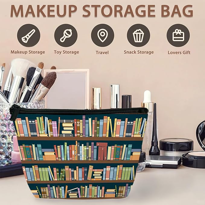 Vintage Bookshelves Makeup Bag Travel Cosmetic Bag for Women,Library Books Small Make up Pouch Travel Bags for Toiletries Aesthetic Accessories Waterproof Gifts