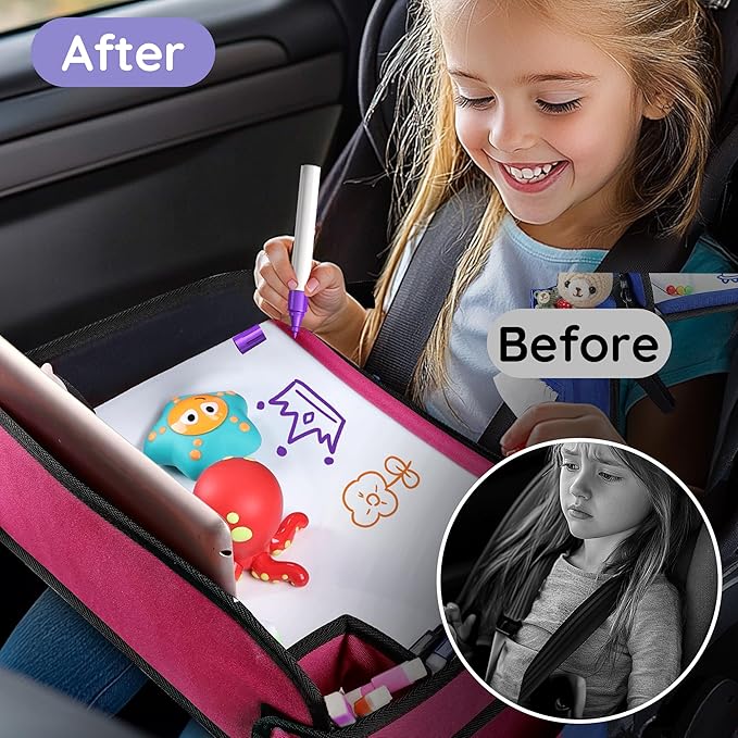 2Pcs ‎Kids Travel Tray, Kids Travel Trays for Car Seat, Road Trip Essentials for Toddler, Carseat Lap Tray with Dry Erase Board & Storage Organizer for Road Trip Activities for Kid, Pink