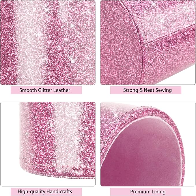 WAVEYU Glitter Pen Holder for Desk, Cute Pencil Cup Pink for Women Girls, Luxury Makeup Brush Holder Large Pu Leather Multi-Functional Organizer Cup for Office, Classroom, Home, Glitter Pink