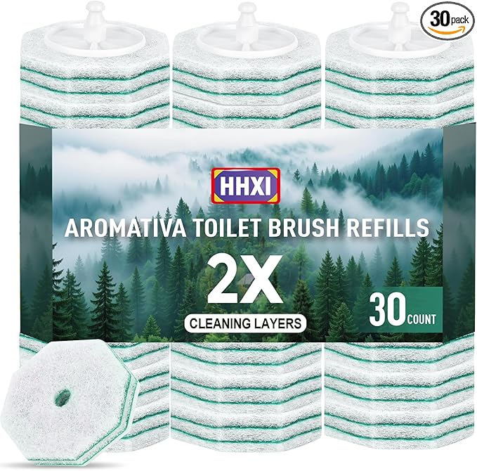 30Ct Aromative Toilet Brush Refills, Toilet Bowl Cleaner Refills, Double-Layer Cleaning Pads Added, Compatible with Most Toilet Brushes，Rainforest Scent（Patented）