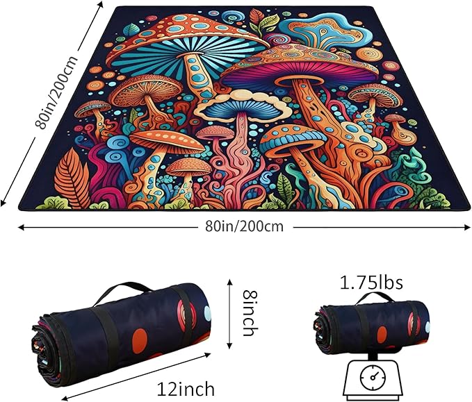 Mushroom Picnic Blankets Waterproof Foldable Picnic Outdoor Blanket 80"x 80" Picnic Mat 3-Layer Thicking Outdoor Foldable Blankets Sandproof Lightweight Beach Blankets with Strap Machine Washable