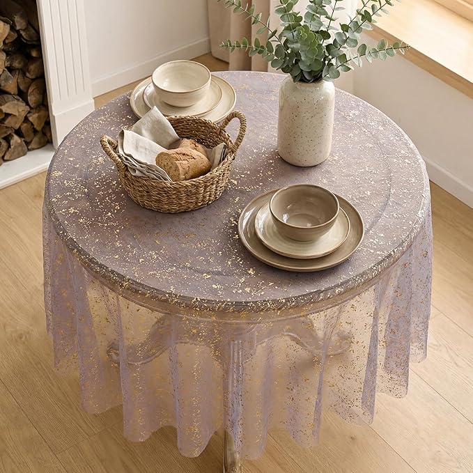 Horaldaily Grayish Purple Gold Tablecloth 60x60 Inch Round, Golden Sequin Glitter Metallic Foil, Sheer Tulle Cheesecloth for Wedding Baby Shower Ceremony Birthday