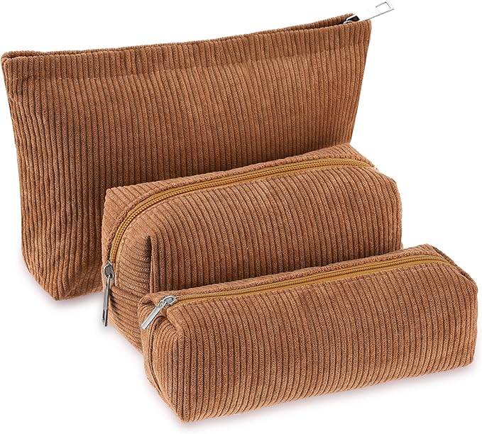 3 Pcs Makeup Bag Set for Women Corduroy Cosmetic Pouch Aesthetic Smile Travel Toiletry Bag Cute Purse Pouch Pencil Case Makeup Brushes Storage Organizer for Christmas(Brown,Solid Style)