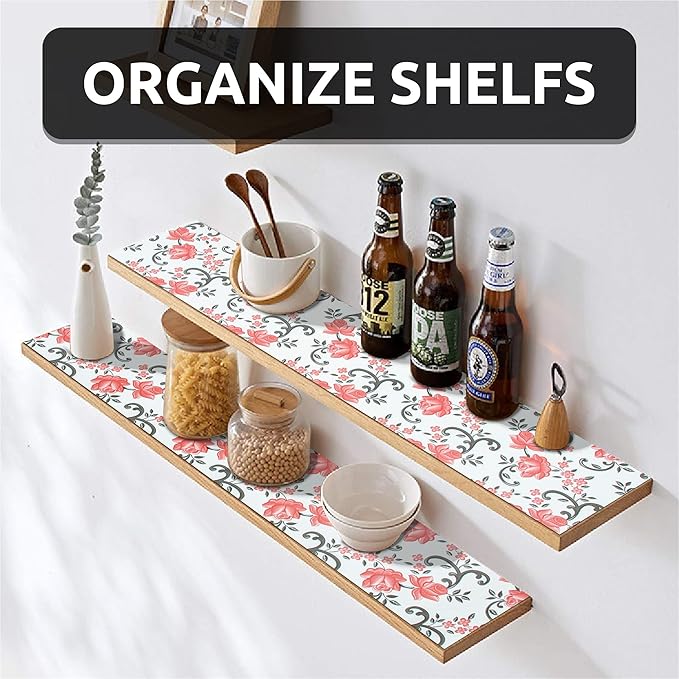 FIFTY FEET 12X120 Inch Shelf Liner for Kitchen Cabinets, PVC Drawer Liner for Dresser Non-Slip Bathroom, Non-Adhesive Cabinet Liner Washable (Red Floral)(10 Roll)