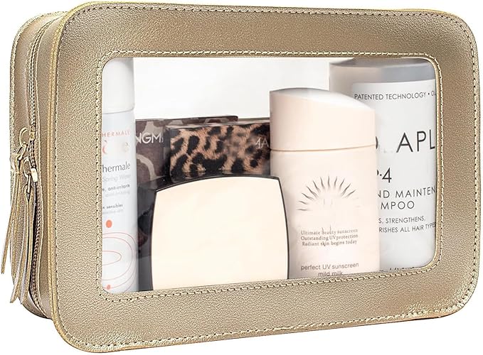 Clear Makeup Bag, Gold Travel Makeup Pouch Toiletry Bag for Women Waterproof Small Cosmetic Bag Case Small Make Up Bag with Zipper Car Organizer Car Essentials for Women Men