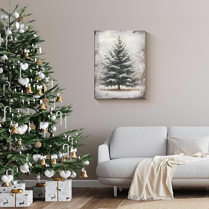 Vintage Christmas Wall Art Framed - Pine Tree Pictures Wall Decor, Winter Navidad Painting Decorations for Home Indoor, Rustic Christmas Canvas Prints, Nostalgic Navidad Decorations 16x124 Inch