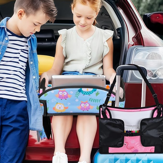 2PCS Kids Travel Tray, Car Seat Tray for kids Travel, Toddler Road Trip Essentials With Drawing Kit, Toddler Lap Desk Organizer for Car, Carseat Table for Airplane