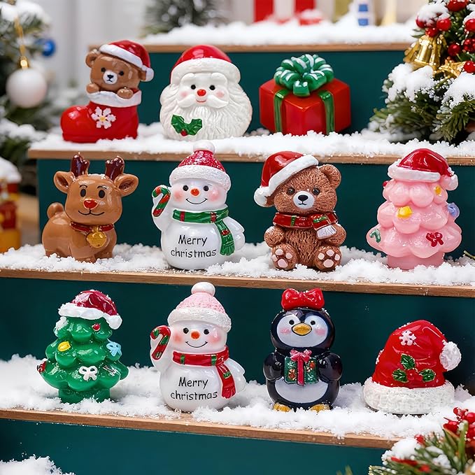 20 Pcs Mini Christmas Figurines Decoration Tiny Resin Snowman Santa Claus Animals Xmas Miniature Figures for Holiday DIY Crafts Garden Micro Landscape Party Home Table Decor