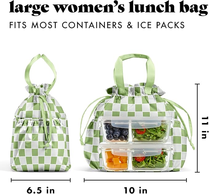 Fit & Fresh Cromwell Drawstring Lunch Bag for Women, Complete Lunch Set with 2 Containers, Stain-Resistant, Leak-Resistant, Back to School Essential, Teacher Lunchbox, Pistachio Checker Board