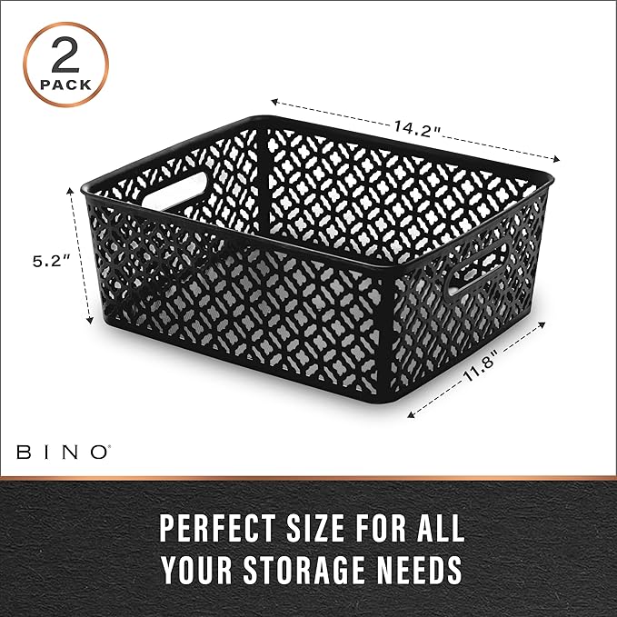 BINO l Plastic Storage Baskets, Large - Black | THE BLOSSOM COLLECTION l Multi-Use Organizer Bin l Built-in Handles l Plastic Woven Basket for Organizing l Pantry & Home Organizing Basket