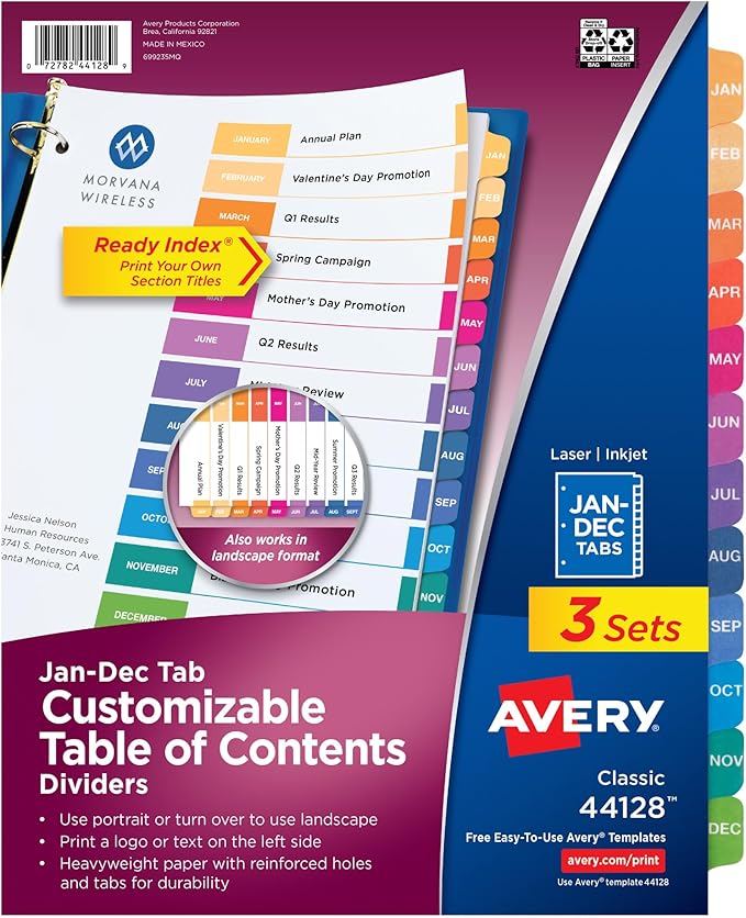 Avery Jan-Dec Dividers for 3 Ring Binders, 12 Tabs per Set, Customizable Table of Contents, Multicolor Tabs, Great for Organizing Reports, Projects, and More (3 Sets of 44128)