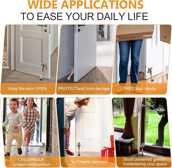 Kickdown Door Stopper 4 Inches - 2 Packs One Touch Adjustable Height Door Stop for The Bottom of Door Aluminum Alloy Metal Door Stopper with Rubber Tip & Wall Protectors for Wide Doors Copper