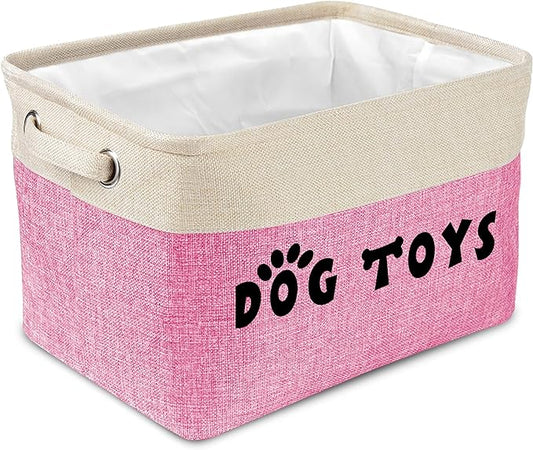 PET ARTIST Dog Toy Basket, Collapsible Dog Toy Bin Box with Comfortable Handles, Large Pet Toy Storage Organizer for Accessories, Toys, Coat & Clothing, Blanket & Leash, Pink, 15"x11"x9"