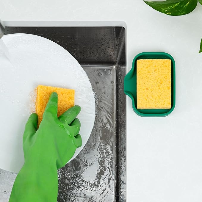 Zulay Kitchen Small Silicone Sponge Holder (4.9x3.3”) – Space-Saving Sink Organizer Tray for Sponge, Soap, Brush & More – Compact Non-Slip Dish for Kitchen & Bathroom Countertops (Pine Green)