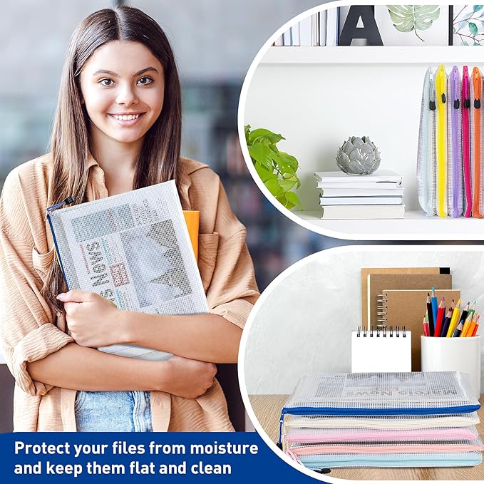 18pcs Mesh Zipper Pouch Bags, A4 Letter Size, 9 Colors Zipper Pouches for Organizing, File Storage Bags, Travel, School Office Organize